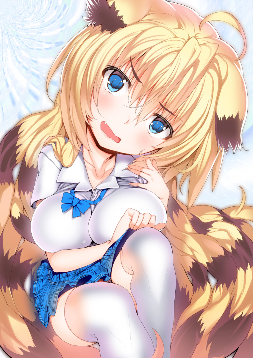 blonde_hair blush breasts brown_hair char highres large_breasts long_hair multicolored_hair open_mouth original skirt solo thighhighs two-tone_hair white_thighhighs