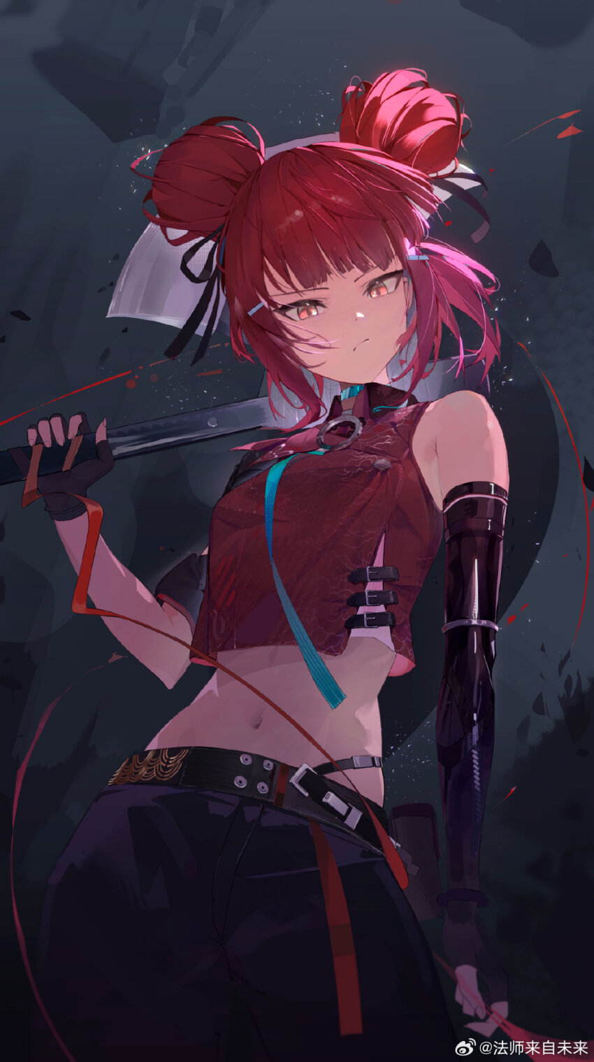 1girl asymmetrical_gloves axe black_pants black_ribbon chinese_clothes chinese_commentary closed_mouth commentary cz75_(girls&#039;_frontline) double_bun fashi_laizi_weilai fingerless_gloves girls&#039;_frontline girls&#039;_frontline_2:_exilium gloves hair_bun hair_ribbon highres holding holding_axe looking_at_viewer midriff navel pants red_eyes red_hair ribbon short_hair solo uneven_gloves watermark weibo_watermark