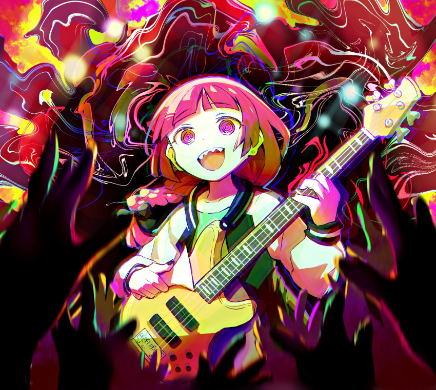1girl @_@ bass_guitar black_bow black_jacket black_nails blunt_bangs bocchi_the_rock! bow braid dress green_dress gunjima_souichirou hair_bow hair_over_shoulder highres hiroi_kikuri holding holding_instrument instrument jacket long_hair long_sleeves medium_dress multicolored_jacket music open_clothes open_jacket playing_instrument purple_eyes purple_hair ringed_eyes sharp_teeth single_braid teeth two-tone_jacket white_jacket yamaha_trb