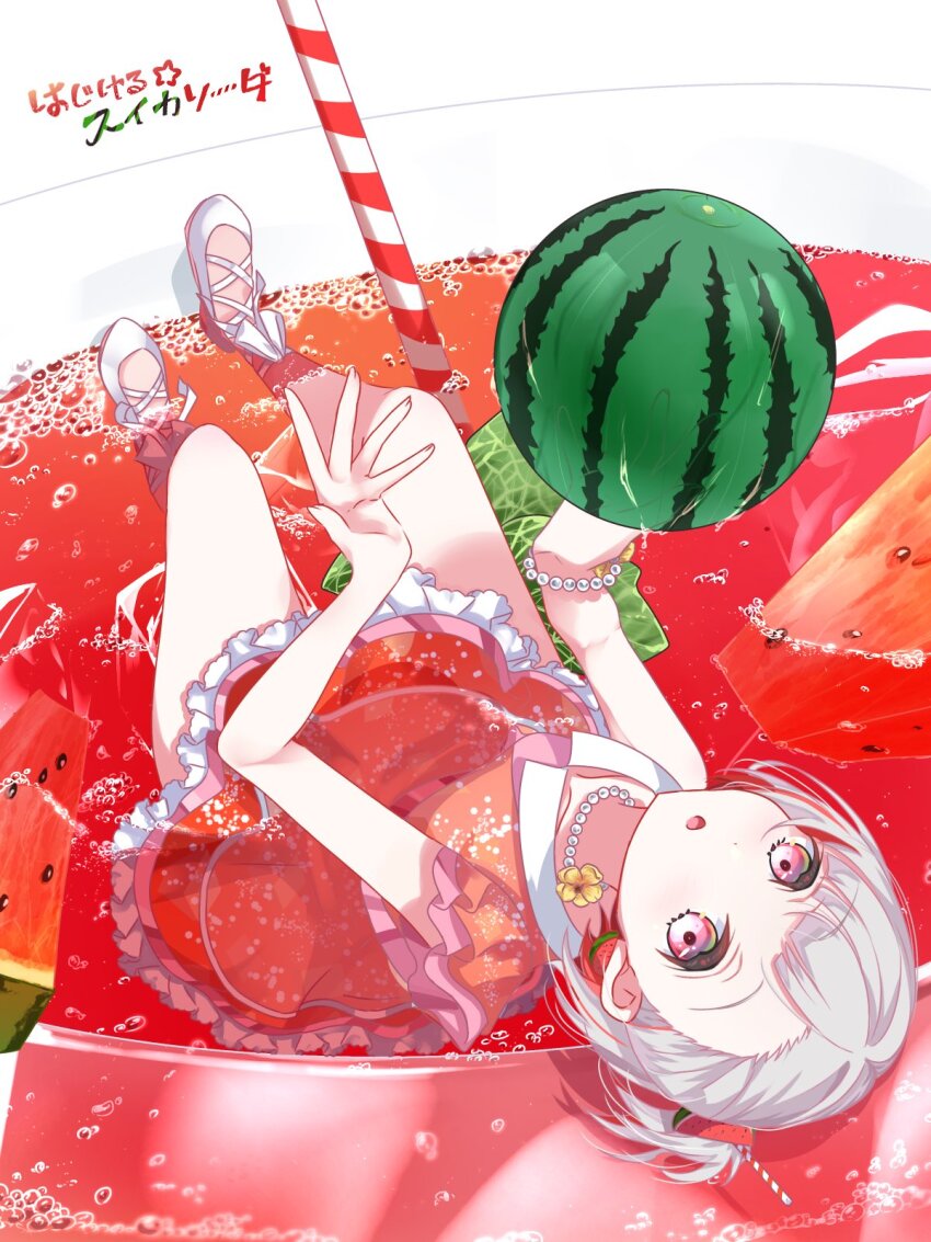1girl :o bead_choker beads collarbone collared_dress commentary diagonal_bangs dress drinking_straw drinking_straw_hair_ornament flower food food-themed_hair_ornament frilled_dress frills fruit fruit_hair_ornament hair_ornament highres holding holding_food holding_fruit holding_watermelon link!_like!_love_live! looking_at_viewer love_live! melon melon_slice official_alternate_costume on_food oversized_food oversized_object pink_eyes red_dress sakari_(pear_8_ll) shoes short_dress short_hair short_sidetail short_sleeves side_ponytail soda solo translation_request virtual_youtuber watermelon watermelon_hair_ornament watermelon_slice white_hair white_shoes yellow_flower yugiri_tsuzuri yugiri_tsuzuri_(hajikeru_suika_soda)