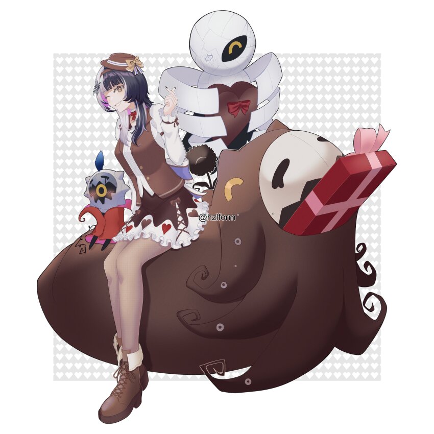1girl absurdres alternate_costume black_hair black_skirt boots box brown_boots brown_hat brown_vest gift gift_box grey_hair grey_pantyhose hat hazel_(hzlform) heart heart-shaped_box heart_print highres hololive hololive_english mini_hat multicolored_hair novelites_(shiori_novella) one_eye_closed pantyhose shiori_novella skirt split-color_hair two-tone_hair vest virtual_youtuber yellow_eyes
