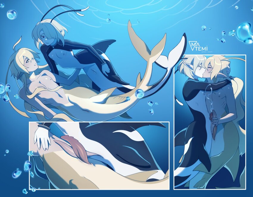 2boys aether_(genshin_impact) air_bubble antennae arms_around_neck artist_name blonde_hair bubble closed_eyes closed_mouth colored_skin commentary couple cum cum_in_water ejaculation english_commentary fins freminet_(genshin_impact) frottage genshin_impact gills hair_behind_ear hair_over_one_eye handjob highres kiss long_hair looking_at_another male_focus matemi merman monster_boy monsterification multiple_boys multiple_views navel nipples one_eye_covered orca_boy pectorals penis pointy_ears shark_boy short_hair spiked_penis underwater yaoi