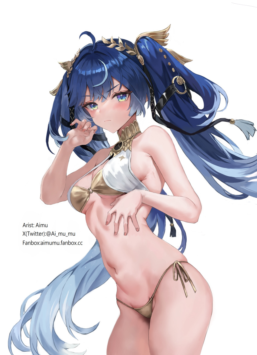 1girl absurdres ahoge aimu_(angry9565) bare_shoulders blue_eyes blush breasts closed_mouth commentary fingernails gold_bra gold_panties hand_up head_wreath highres iuno_(wuthering_waves) long_hair looking_at_viewer medium_breasts navel panties side-tie_panties simple_background solo stomach thighs underwear very_long_hair white_background wuthering_waves