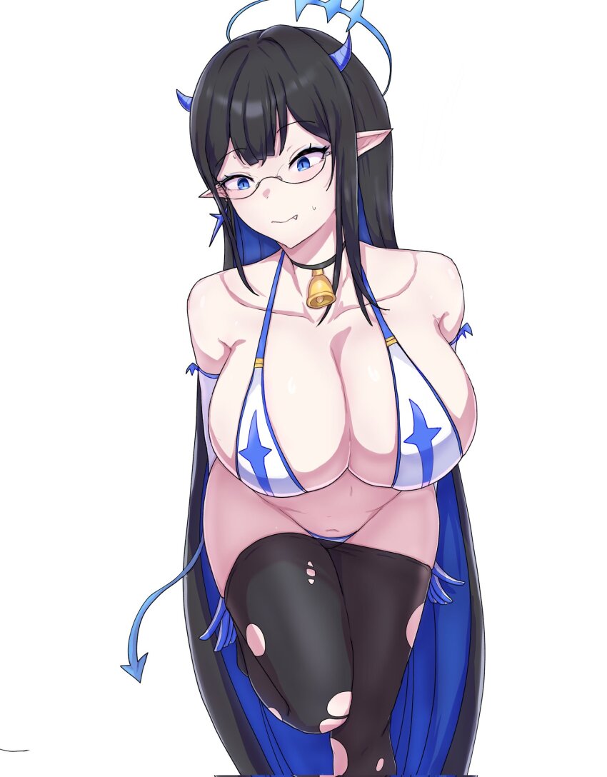 1girl alternate_costume bikini black_pantyhose blue_archive blue_bikini blue_eyes blue_halo blue_horns blue_tail breasts clothes_pull commentary_request demon_girl demon_horns demon_tail elbow_gloves fang gloves halo highres horns large_breasts multicolored_bikini pantyhose pantyhose_pull pointy_ears rimless_eyewear rin_(blue_archive) simple_background skyhood sling_bikini_top solo swimsuit tail torn_clothes torn_pantyhose white_background white_bikini white_gloves