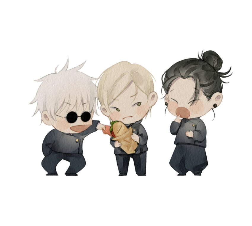 3boys black_hair blonde_hair chibi commentary_request earrings food gakuran getou_suguru gojou_satoru hair_bun highres jewelry jujutsu_kaisen jujutsu_tech_uniform male_focus multiple_boys nanami_kento nnaramonn sandwich school_uniform simple_background sunglasses thai_commentary white_background white_hair