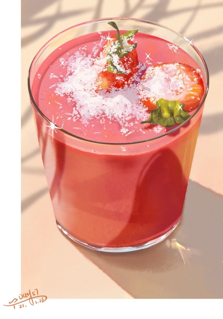 border chinese_commentary commentary_request dated food food_focus fruit glass highres no_humans original outdoors sanshui_guantang shadow signature smoothie sparkle strawberry strawberry_slice granulated_sugar white_border