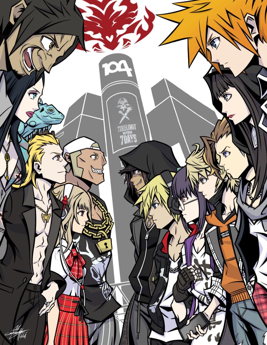 4girls 6+boys abs animal animal_hood animal_on_shoulder ayano_(ntwewy) backwards_hat baseball_cap bito_daisukenojo black_coat black_hair black_hoodie black_shirt blonde_hair blue_eyes blunt_bangs breasts brown_eyes brown_hair butterfly_necklace cat_hood cleavage closed_mouth coat dark-skinned_male dark_skin ear_piercing face_mask facial_hair frown furesawa_tosai glasses goatee grey_eyes grey_scarf hat headphones highres hime_cut hood hoodie iguana_(animal) jewelry kanade_rindo kubo_(ntwewy) lizard long_coat mask matsunae_tsugumi medium_breasts minamimoto_sho mouth_mask multiple_boys multiple_girls necklace no_shirt orange_eyes orange_hair orange_hoodie pants pearl_necklace piercing pinstripe_pants pinstripe_pattern plaid_clothes plaid_pants plaid_skirt purple_shirt red_pants red_skirt round_eyewear sakuraba_neku sakurane_shoka scarf school_uniform shiba_(ntwewy) shin_subarashiki_kono_sekai shirt shirt_tucked_in skirt spiked_hair stare_down striped subarashiki_kono_sekai sunglasses_on_head susukichi_(ntwewy) sweatpants undercut usui_nagi white_shirt zipper zipper_pull_tab