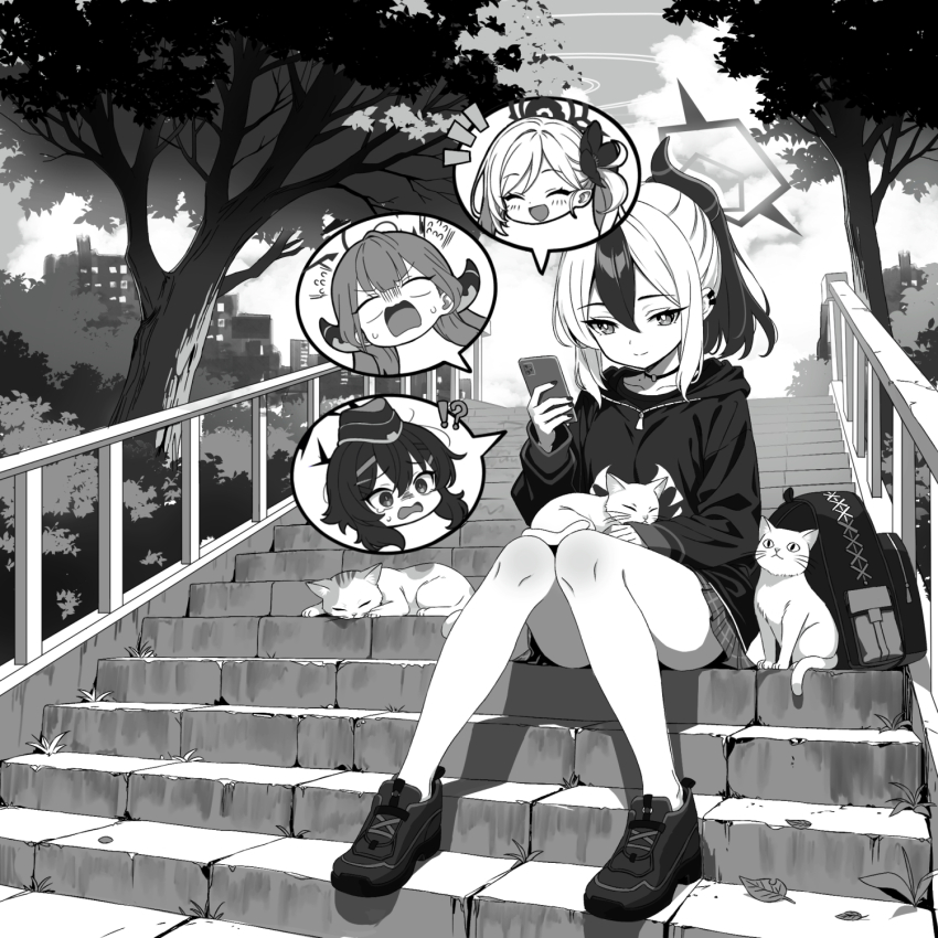 !? 1girl :d ^_^ animal animal_on_lap aru_(blue_archive) black_choker black_hair black_hoodie black_horns black_nails black_shoes blue_archive blush bright_pupils cat cat_on_lap cellphone chibi chibi_inset choker closed_eyes closed_mouth cloud cloudy_sky commentary_request convenient_leg curved_horns day demon_girl demon_horns double-parted_bangs flying_sweatdrops garrison_cap greyscale hair_between_eyes happy haruka_(blue_archive) hat highres holding holding_phone hood hood_down hoodie horns kayoko_(blue_archive) knees_together_feet_apart knees_up long_hair looking_at_phone medium_hair miniskirt mole mole_on_neck monochrome multicolored_hair mutsuki_(blue_archive) mutsuse nail_polish notice_lines on_lap open_mouth outdoors phone plaid_clothes plaid_skirt ponytail problem_solver_68_(blue_archive) shoes sidelocks sitting sitting_on_stairs skirt sky sleeves_past_wrists smartphone smile solo speech_bubble split_mouth stairs sweatdrop tree tsurime two-tone_hair white_hair white_pupils zipper