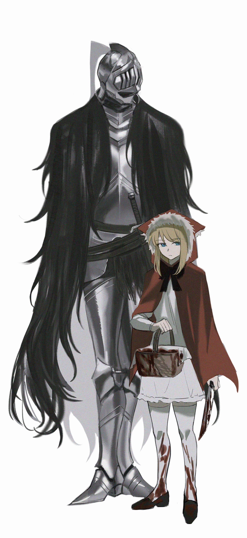 1boy 1girl absurdres animal_ears apron armor basket black_cape black_souls blonde_hair blood blood_on_clothes bloody_knife blue_eyes cape capelet closed_mouth full_armor full_body fur-trimmed_hood fur_trim grimm_(black_souls) helmet highres holding holding_basket holding_knife hood hooded_capelet knife looking_to_the_side red_cape red_hood_(black_souls) short_hair sio2_(whynotkarma) white_apron wolf_ears