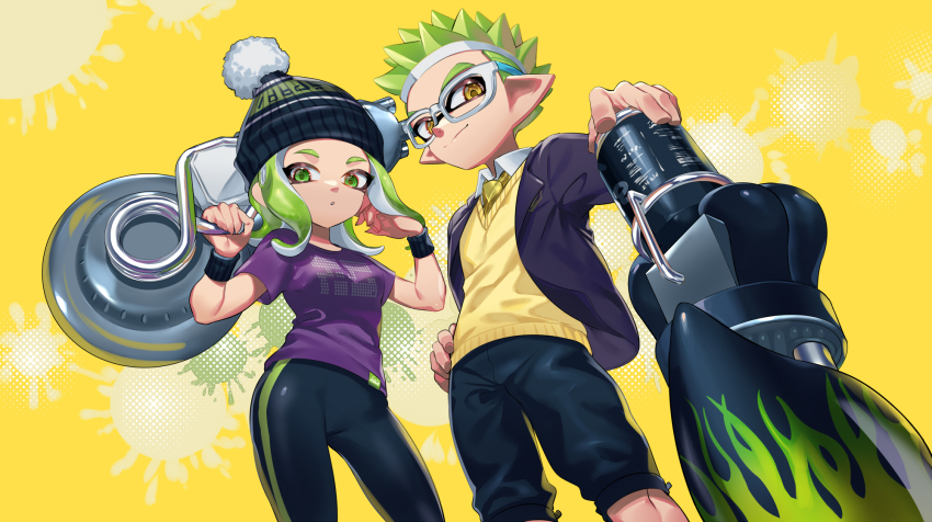 1boy 1girl beanie black_hat black_leggings black_shorts blazer blue_jacket closed_mouth clothes_writing collared_shirt commission cowboy_shot fingernails green_eyes green_hair hair_flip hand_on_own_hip hat highres holding holding_weapon inkling inkling_boy inkling_player_character jacket jinkoika leggings looking_at_viewer medium_hair nautilus_(splatoon) necktie nintendo octoling octoling_girl octoling_player_character open_clothes open_jacket parted_bangs parted_lips pointy_ears pom_pom_(clothes) pom_pom_beanie purple_shirt range_blaster_(splatoon) second-party_source sharp_fingernails shirt short_hair shorts smile spiked_hair splatoon_(series) suction_cups sweater_vest tentacle_hair thick_eyebrows weapon white_shirt wristband yellow_background yellow_eyes yellow_necktie yellow_sweater_vest