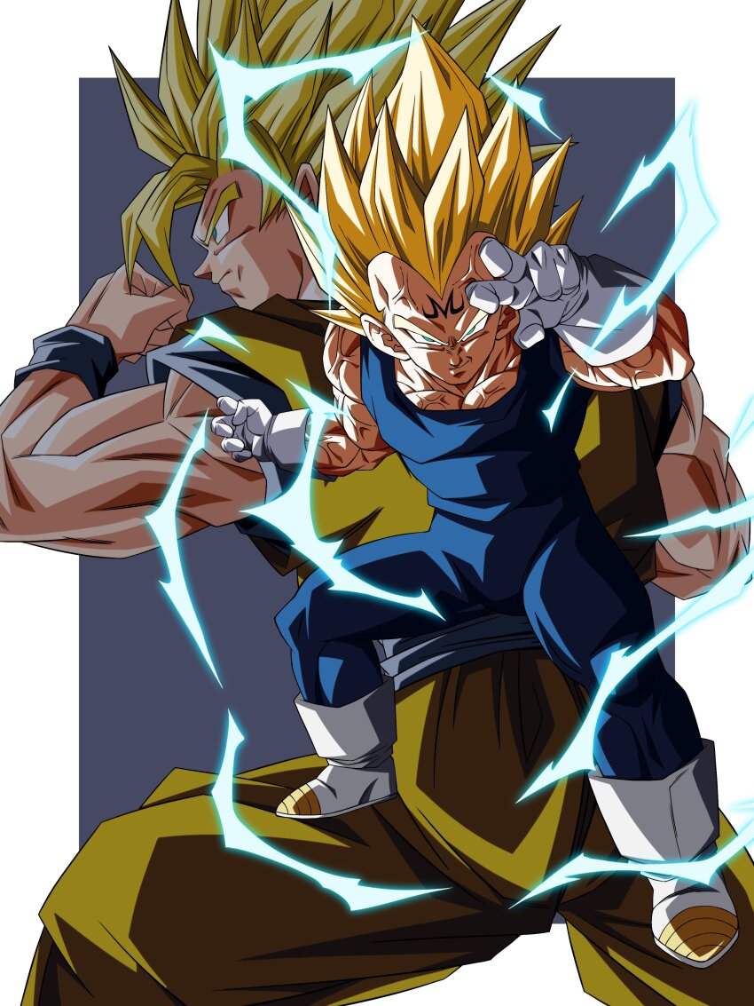 2boys absurdres artjohnny1020 blue_bodysuit blue_sash blue_shirt bodysuit boots border dougi dragon_ball dragonball_z electricity facial_mark fighting_stance forehead_mark full_body gloves grey_background highres majin_vegeta male_focus medium_hair multiple_boys muscular muscular_male orange_pants orange_shirt pants sash shirt solo_focus son_goku spiked_hair super_saiyan super_saiyan_2 vegeta veins white_boots white_border white_gloves