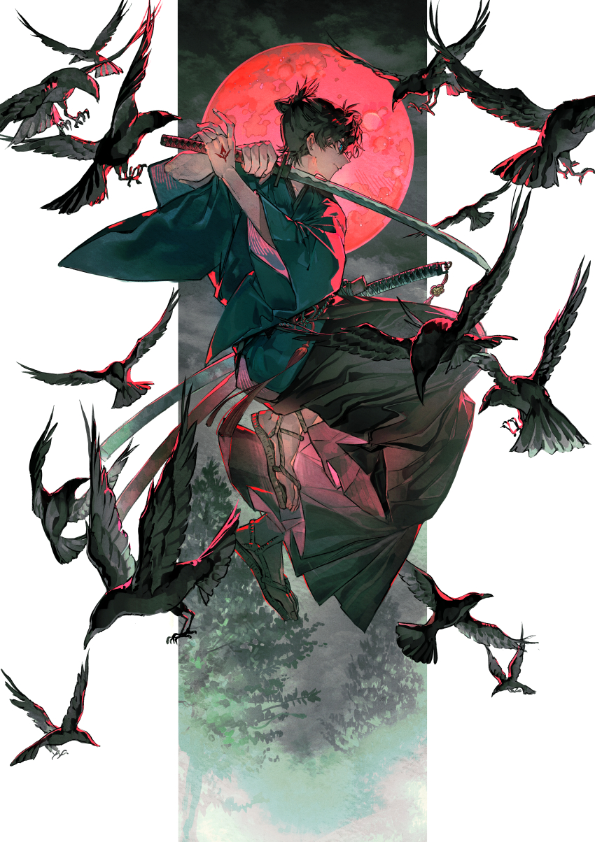 1boy absurdres bird black_hair black_hakama blue_eyes blue_kimono braid command_spell commentary_request crow fate/grand_order fate/samurai_remnant fate_(series) fighting_stance full_moon hakama highres holding holding_sword holding_weapon japanese_clothes katana kimono male_focus miyamoto_iori_(fate) moon mura_karuki red_moon solo sword topknot weapon
