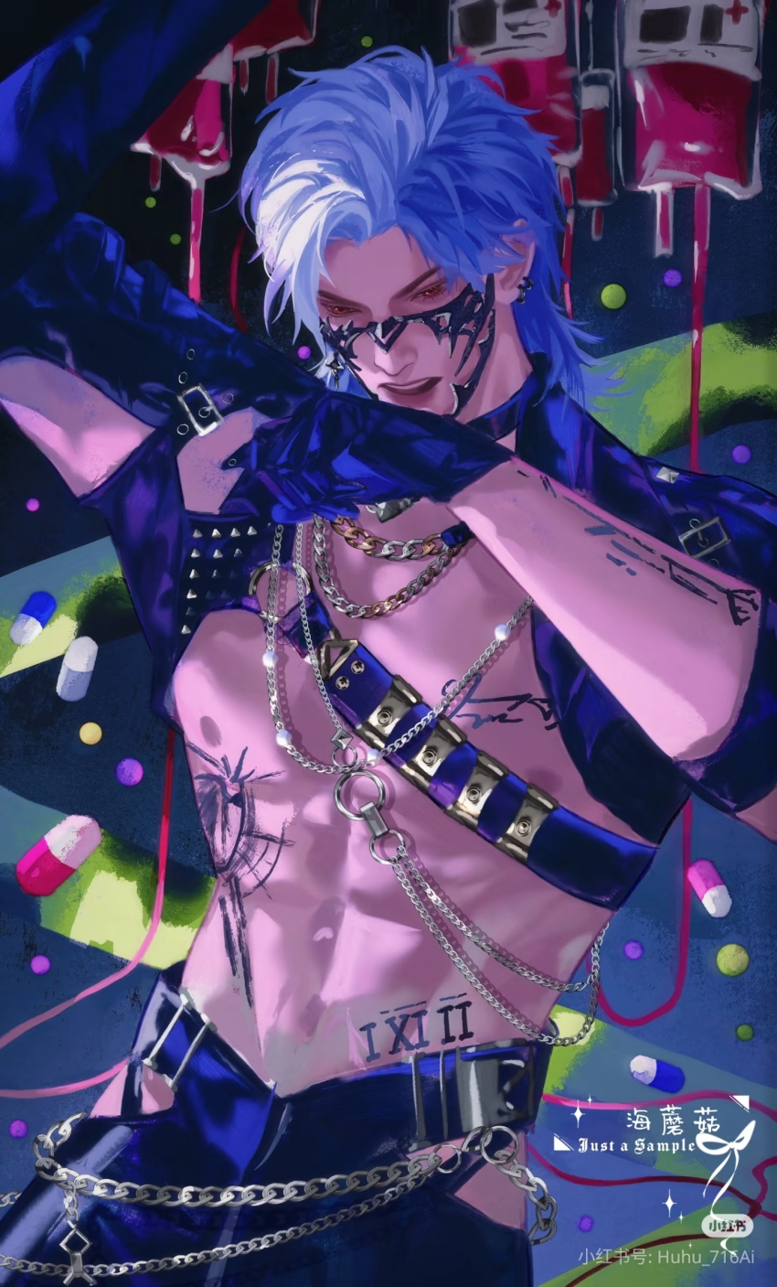 1boy abs black_collar black_jacket collar cowboy_shot earrings gloves highres huhu_716ai jacket jewelry leather leather_gloves leather_jacket leather_pants looking_down love_and_deepspace male_focus muscular muscular_male muzzle_(mask) necklace nipples official_alternate_costume open_clothes open_mouth pants parted_bangs pill red_eyes short_hair solo sylus_(love_and_deepspace) tattoo teeth white_hair