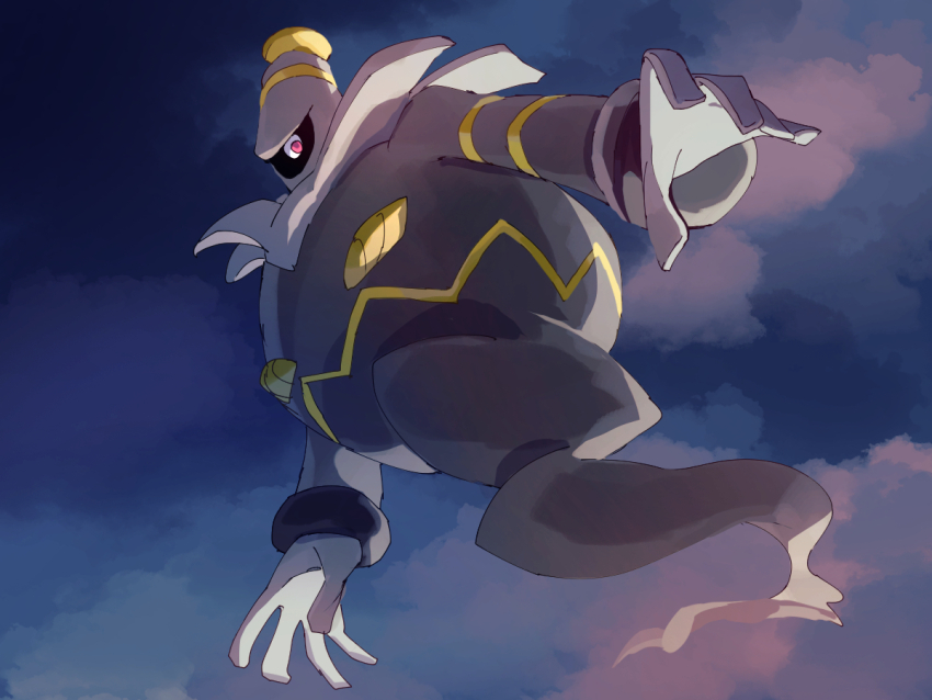 black_skin cloud colored_skin dusknoir floating fusenryo gen_4_pokemon hashtag-only_commentary looking_at_viewer night nintendo one-eyed outdoors pokemon pokemon_(creature) red_eyes