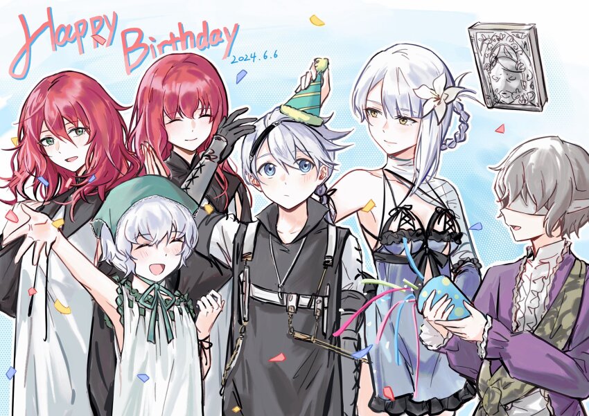 2boys 4girls aqua_hat bandages black_gloves black_shirt blindfold blue_eyes blush book brother_and_sister center_frills child closed_eyes closed_mouth confetti dated devola dress emil_(nier) floating floating_object flower frills gloves green_eyes grey_hair grimoire_weiss hair_between_eyes hair_flower hair_ornament happy_birthday hat highres ikooto111 kaine_(nier) lingerie multiple_boys multiple_girls nier nier_(brother) nier_(series) open_mouth party_hat popola profile red_hair shirt short_hair siblings sisters sleeveless sleeveless_dress smile twins underwear white_dress white_flower white_hair yellow_eyes