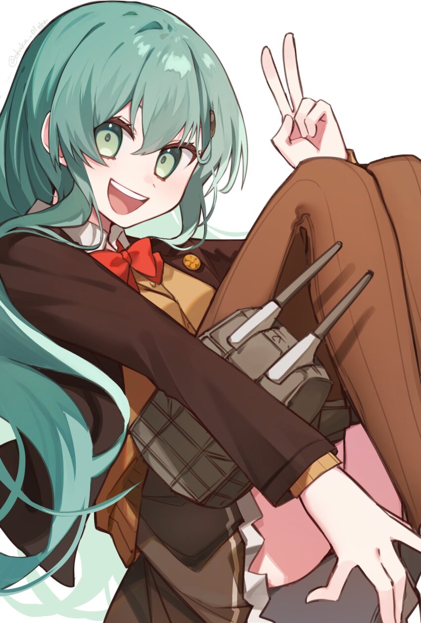 1girl bow bowtie brown_cardigan brown_jacket brown_skirt brown_thighhighs cardigan frilled_skirt frills green_eyes green_hair highres jacket kantai_collection long_hair looking_at_viewer pleated_skirt red_bow red_bowtie school_uniform simple_background sitting skirt smile solo suzuya_(kancolle) suzuya_kai_ni_(kancolle) thighhighs tsumikitsuki_(katsuobushi) white_background