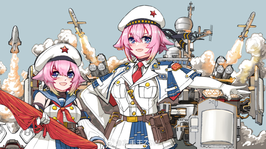 2girls belt beret blue_eyes blue_skirt blush child colored_tips flag gloves gradient_hair green_hair hair_flaps hat hat_ornament highres jinan_(warship_girls_r) military military_uniform missile multicolored_hair multiple_girls necktie open_mouth pink_hair red_necktie red_star sailor_collar short_hair skirt smile smoke star_(symbol) star_hat_ornament warship_girls_r white_gloves z.s.w.