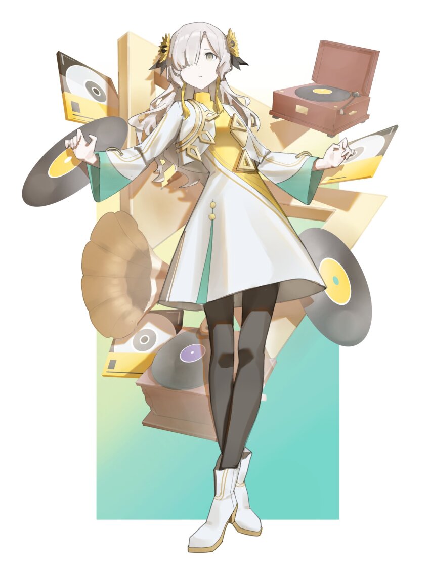 1girl ankle_boots asymmetrical_bangs black_pantyhose boots cropped_jacket crossed_ankles cylinder disc dress exenator183604 flower full_body gold_trim grey_eyes grey_hair hair_flower hair_ornament hair_over_one_eye high_collar highres isekaijoucho kamitsubaki_studio long_hair long_sleeves looking_afar medium_dress one_eye_covered paneled_background pantyhose phonograph phonograph_needle solo sunflower sunflower_hair_ornament triangle turtleneck turtleneck_dress two-tone_dress virtual_youtuber white_boots white_dress yellow_dress