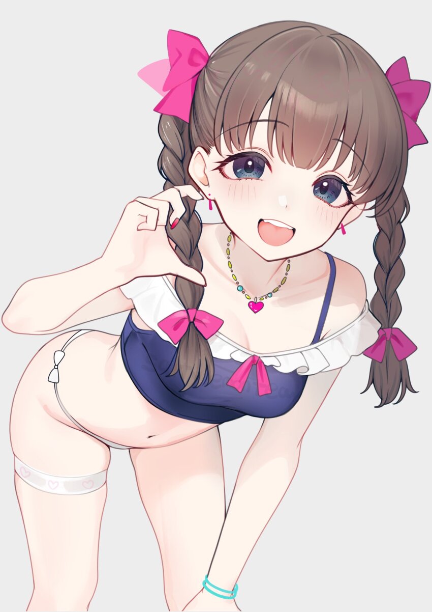 1girl bare_shoulders bikini blue_eyes blush bow bracelet braid breasts brown_hair earrings frills hair_bow hair_ornament hairband highres idolmaster idolmaster_cinderella_girls jewelry long_hair looking_at_viewer navel necklace open_mouth pink_bow ribbon sakuma_mayu saltylemontea simple_background small_breasts smile solo stomach swimsuit teeth thighlet twin_braids twintails