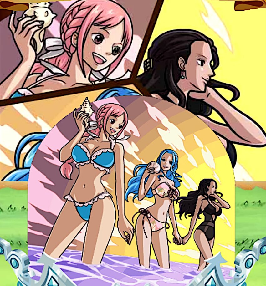 3girls bikini breasts cleavage highres large_breasts multiple_girls nefertari_vivi one_piece rebecca_(one_piece) smile swimsuit viola_(one_piece)