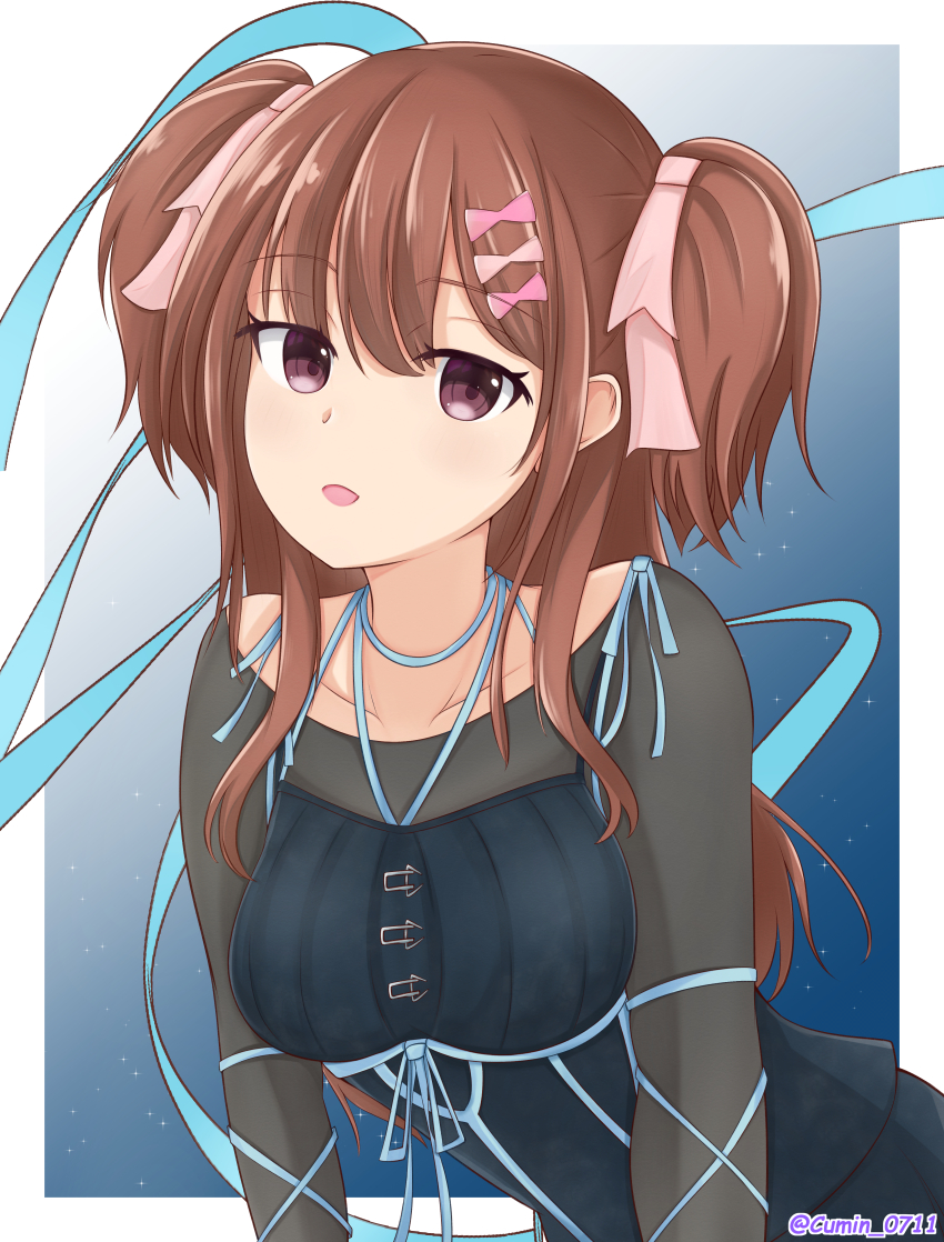 1girl 22/7 absurdres artist_name ato_de_wakaru_koto black_dress blue_ribbon border bow brown_eyes brown_hair collarbone dress hair_bow hair_ornament highres long_hair looking_at_another open_mouth outside_border pink_bow ribbon see-through_clothes see-through_sleeves sera_honoka solo takumitu_711 two_side_up white_border