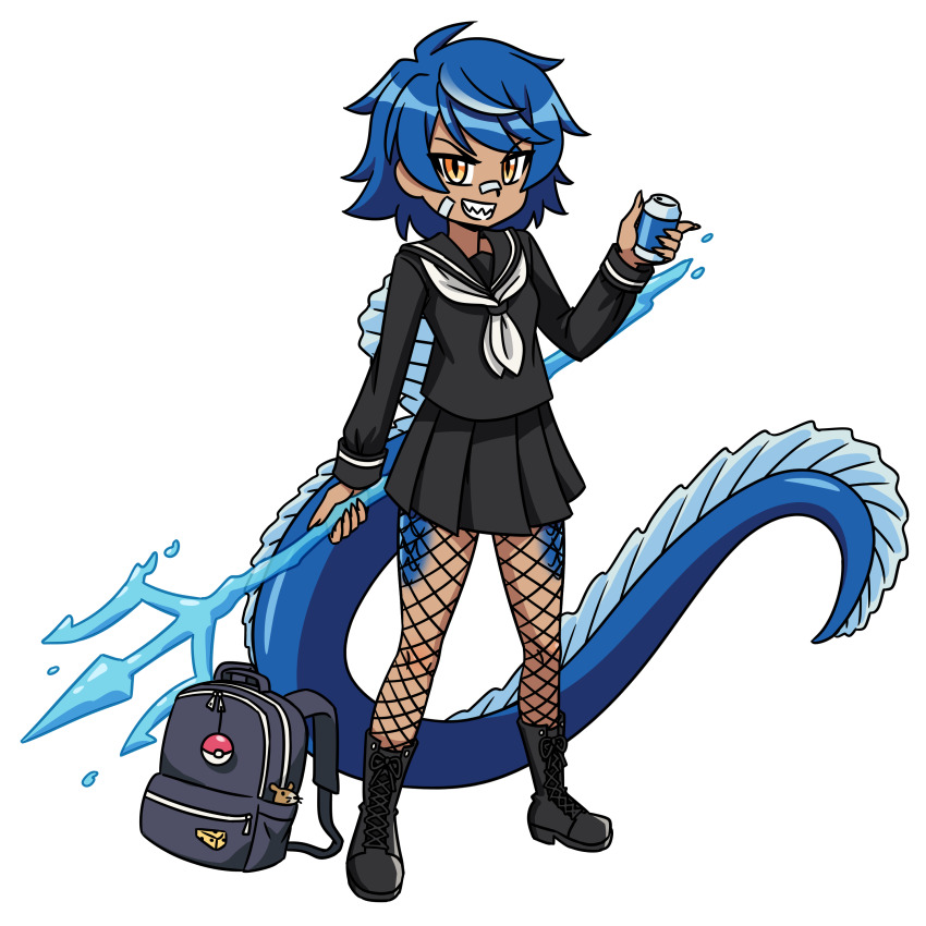 1girl absurdres backpack bag blue_hair boots can cheese commission commissioner_upload dark-skinned_female dark_skin dinosaur_girl dinosaur_tail drink_can fingernails fishnet_pantyhose fishnets food highres leather leather_boots mouse multicolored_hair orange_eyes original otchakun_(artist) pantyhose poke_ball polearm robin_injigo sailor_collar scales school_uniform sharp_fingernails sharp_teeth shirt short_hair skirt soda_can solo spinosaurus tail teeth trident two-tone_hair water weapon white_hair