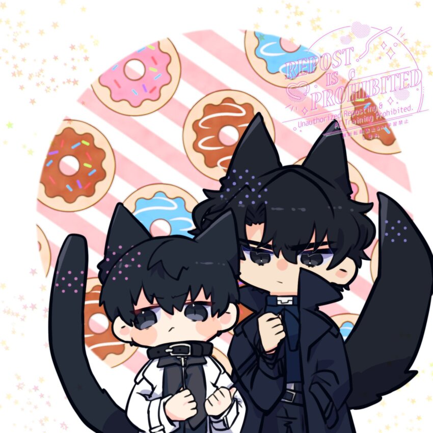 2boys :/ animal_ears averting_eyes black_coat black_eyes black_hair black_shirt cat_ears cat_tail coat collar collared_shirt commentary double-parted_bangs english_commentary hair_between_eyes hand_up highres holding holding_leash kemonomimi_mode kim_dokja kimidori_22 leash male_focus multiple_boys omniscient_reader&#039;s_viewpoint open_clothes open_coat popped_collar shirt short_hair tail white_coat yaoi yoo_joonghyuk