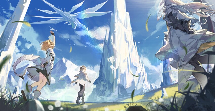 1boy 2girls absurdres alchemy_stars arms_behind_back black_footwear black_pants blonde_hair blurry blurry_foreground boots carleen_(alchemy_stars) cloud creature dandelion day dress fingerless_gloves flower gloves grass headband highres jacket lens_flare long_hair long_sleeves mo_ying_yu mountain multiple_girls navigator_(alchemy_stars) outdoors pants rock short_hair simple_bird soroz_(alchemy_stars) tail tower vice_(alchemy_stars) walking waving white_dress white_footwear white_hair white_jacket