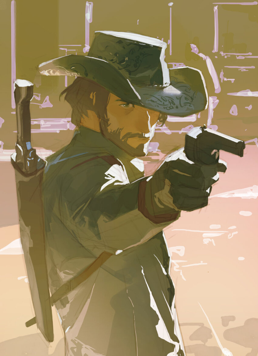 1boy aiming aiming_at_viewer beard black_gloves brown_hair cowboy_hat cowboy_western facial_hair gloves gun gun_on_back handgun hat highres holding holding_gun holding_weapon john_marston looking_at_viewer male_focus red_dead_redemption_(series) revolver solo toaot weapon weapon_on_back