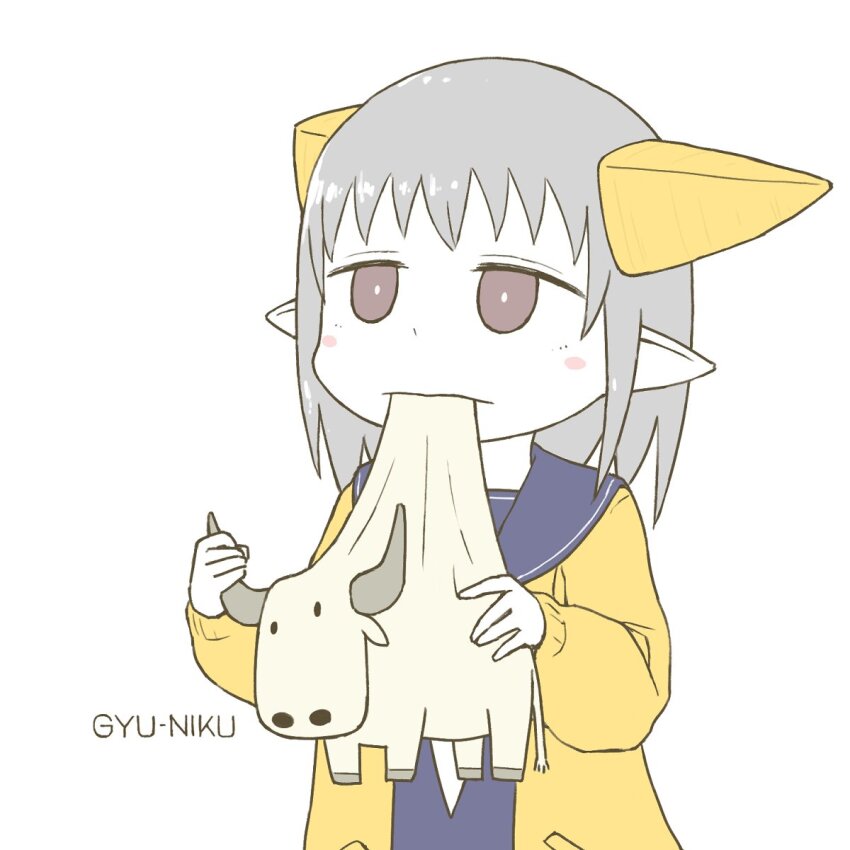 1girl asymmetrical_horns biting brown_eyes cardigan commentary_request cow diode_(0_division) expressionless grey_hair highres horns long_sleeves open_cardigan open_clothes original school_uniform serafuku short_hair simple_background solo uneven_horns upper_body white_background