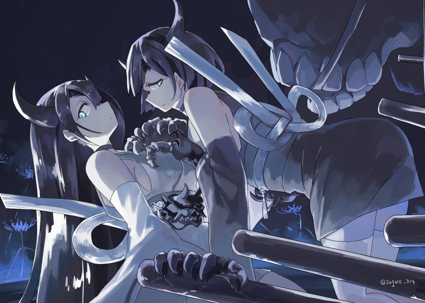 2girls abyssal_ship bare_shoulders black_hair black_horns black_sleeves blue_eyes blue_flower blue_spider_lily breasts closed_mouth colored_skin detached_sleeves flower highres horns kantai_collection large_breasts long_hair multiple_girls night_strait_princess_(black) night_strait_princess_(white) pale_skin short_hair spider_lily sugue_tettou thighhighs twitter_username white_skin white_sleeves white_thighhighs wide_sleeves