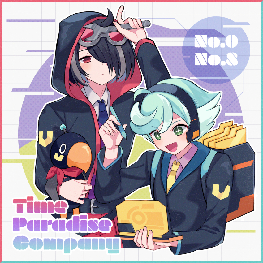 +_+ 2boys ahoge aqua_border arm_up asymmetrical_hair backpack bag black_coat black_hair blue_hair blue_necktie border coat collared_shirt computer creature cropped_torso flipped_bangs flipped_hair goggles goggles_on_head green_eyes grey-framed_eyewear grey_hair hachi_(puyopuyo) hair_over_one_eye happy headphones highres holding holding_creature holding_laptop holding_pen holding_wrench hood hood_up kashima_miyako laptop long_sleeves male_focus multicolored_hair multiple_boys necktie one_eye_covered open_clothes open_coat open_mouth paper parted_lips pen purple_shirt purple_sweater_vest puyopuyo puyopuyo_quest red-tinted_eyewear red_border red_eyes red_trim shirt short_hair streaked_hair sweater_vest tinted_eyewear upper_body white_shirt wing_collar wrench yellow_necktie zero_(puyopuyo)