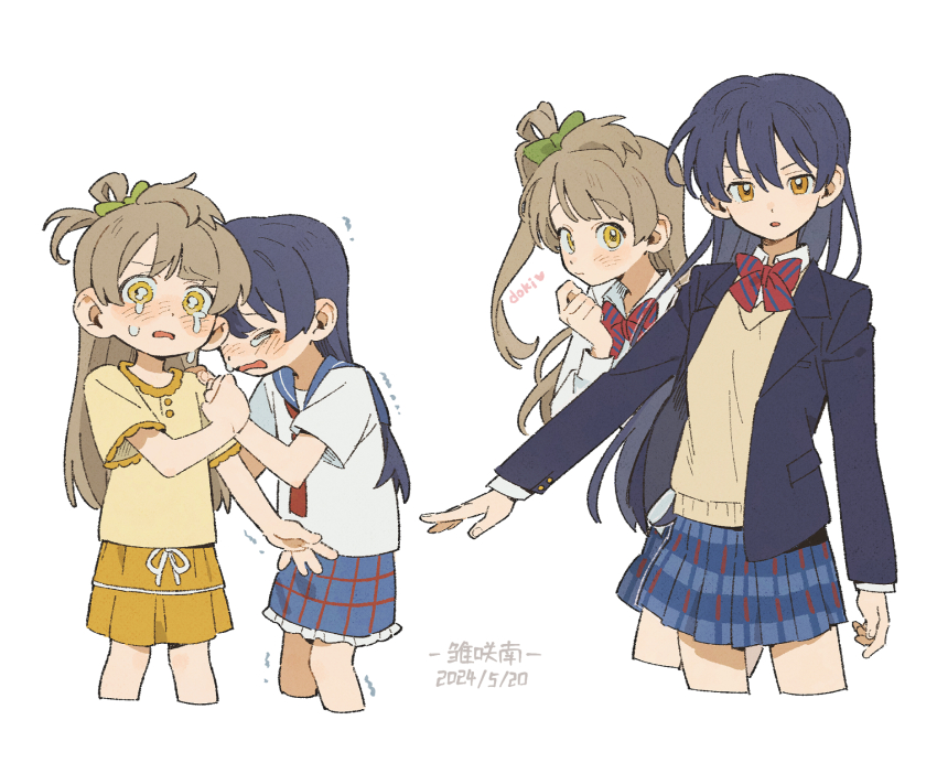 2girls aged_down blazer blue_hair blue_sailor_collar blue_skirt blush bow bowtie brown_hair closed_eyes collared_shirt cropped_legs crying green_bow hair_bow hair_rings heart highres jacket long_hair looking_at_viewer love_live! love_live!_school_idol_project minami_kotori minamip multiple_girls neckerchief one_side_up open_clothes open_jacket open_mouth otonokizaka_school_uniform plaid_clothes plaid_skirt pleated_skirt red_bow red_bowtie red_neckerchief sailor_collar school_uniform shirt simple_background single_hair_ring skirt sonoda_umi standing striped_bow striped_bowtie striped_clothes sweater_vest tears white_background white_shirt winter_uniform yellow_eyes yellow_shirt yellow_sweater_vest
