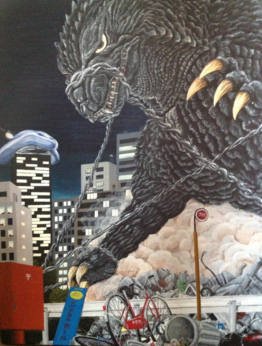 absurdres bicycle building city dinosaur godzilla godzilla_(series) godzilla_2000:_millennium highres kaiju millennian_ufo night skyscraper spacecraft thermacabe toho trash trash_can ufo wire