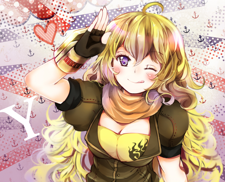 1girl ;d ahoge anchor black_gloves blonde_hair blush breasts brown_top bullet cleavage female_focus fingerless_gloves gauntlets gloves heart highres long_hair looking_at_viewer neckerchief one_eye_closed open_mouth orange_neckerchief polka_dot polka_dot_background purple_eyes revanche rwby smile solo tongue tongue_out weapon wink yang_xiao_long yellow_gauntlets