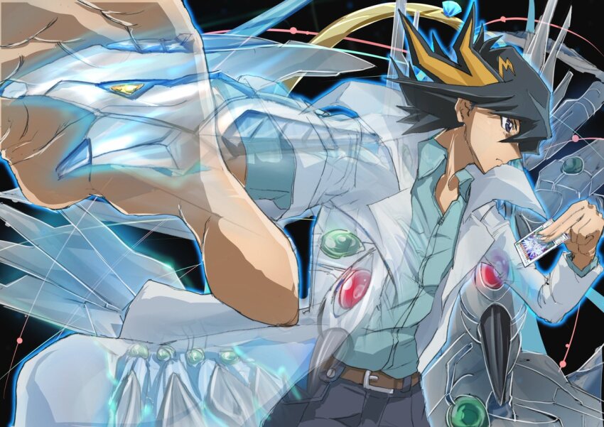 1boy belt black_hair black_pants blonde_hair blue_shirt card coat duel_monster fudo_yusei holding holding_card lab_coat medium_hair multicolored_hair noppe pants scene_reference shirt shooting_majestic_star_dragon solo_focus spiked_hair trading_card two-tone_hair white_coat yu-gi-oh! yu-gi-oh!_5d&#039;s