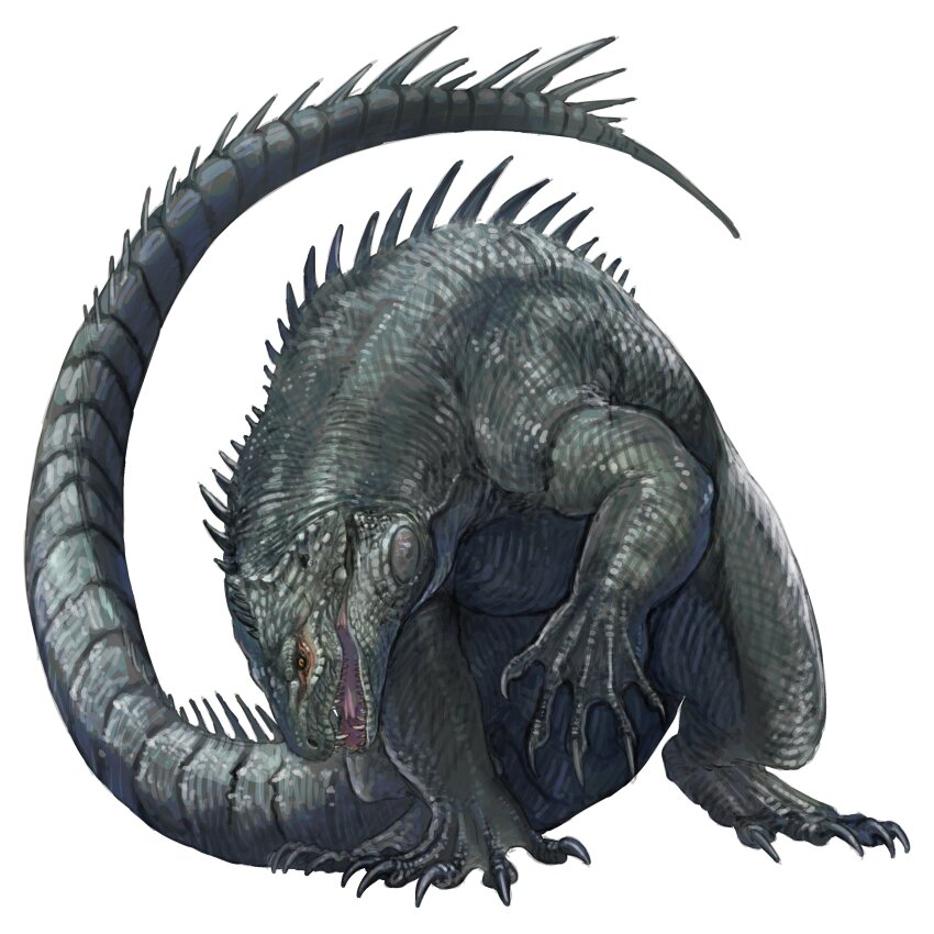 202vincent absurdres animal_focus claws full_body highres iguana kaiju monster no_humans open_mouth orange_eyes rhedosaurus scales sharp_teeth simple_background slit_pupils solo spikes tail teeth the_beast_from_20,000_fathoms white_background