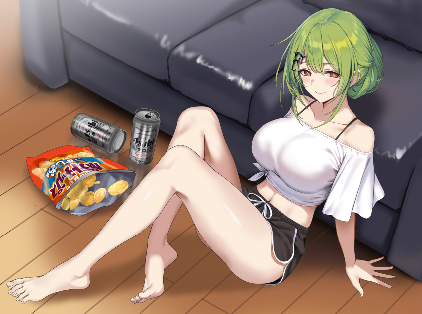 1girl absurdres alternate_costume asahi_breweries bare_shoulders barefoot beer_can black_shorts blush can chips_(food) closed_mouth collarbone commentary_request commission couch drink_can food full_body girls&#039;_frontline green_hair hidis0086 highres indoors long_hair looking_at_viewer mk48_(girls&#039;_frontline) navel off_shoulder pixiv_commission red_eyes shirt short_shorts short_sleeves shorts sitting smile solo thighs white_shirt wooden_floor