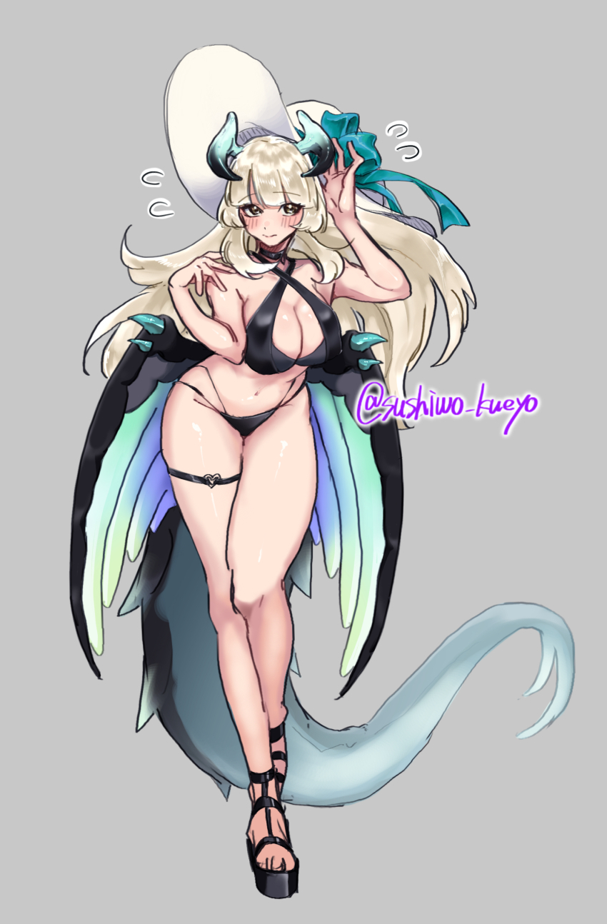 1girl bare_shoulders bikini black_bikini black_horns black_leotard black_tail black_wings blonde_hair blue_horns blue_tail blue_wings blush breasts chamber_dragonmaid cleavage dragon_girl dragon_horns dragon_tail dragon_wings duel_monster full_body grey_background highres horns large_breasts leotard long_hair low_wings multicolored_horns simple_background solo swimsuit tail tokiwajing twitter_username two-tone_horns two-tone_tail two-tone_wings wings yu-gi-oh!