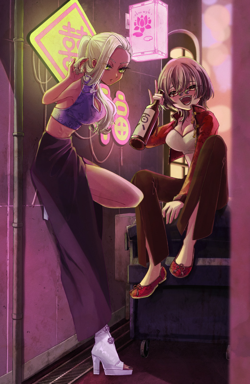 2girls \n/ adjusting_hair alley alternate_costume blush bonnouji_momoha bottle breasts brown_hair chinese_clothes cleavage cleavage_cutout clothing_cutout dark-skinned_female dark_skin drain_(object) fangs flats green_eyes high_heels high_ponytail highres holding holding_bottle kaho_eira kimi_no_koto_ga_dai_dai_dai_dai_daisuki_na_100-nin_no_kanojo large_breasts leaning long_hair long_skirt lotus_print medium_hair multiple_girls neon_lights oknomyk pipeline ponytail red_eyes red_footwear ribs round_eyewear side_slit sitting skirt standing standing_on_one_leg toggles tongue trash_can white_footwear white_hair
