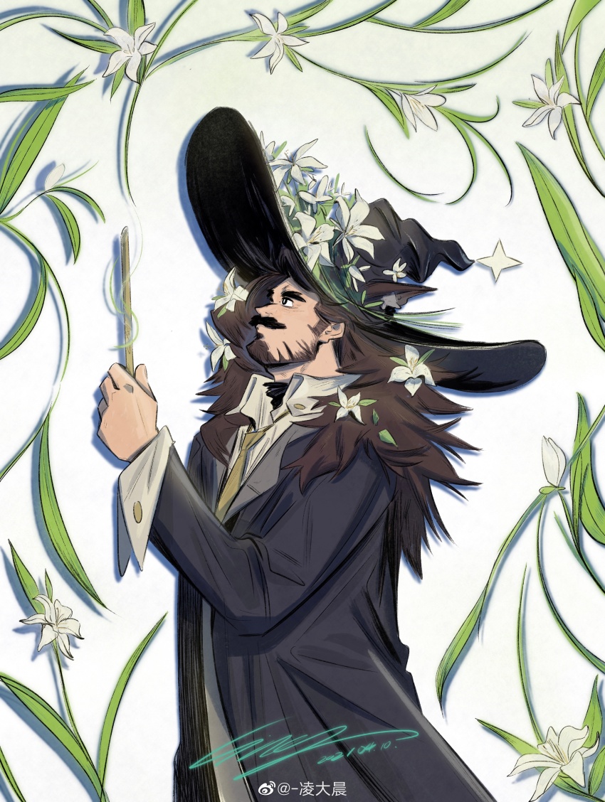 1boy absurdres beard black_coat brown_hair chen_ling closed_mouth coat commentary_request facial_hair florakinesis flower hat hat_flower highres holding holding_wand long_sleeves male_focus mature_male mustache necktie original shirt sideburns signature simple_background solo upper_body wand white_background white_lily white_shirt witch_hat yellow_necktie