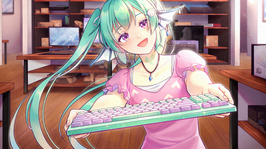 1girl :d a.cat absurdres aqua_hair casual collarbone commentary computer_keyboard earrings english_commentary finana_ryugu fins game_cg head_fins head_tilt highres holding_computer_keyboard jewelry lazulight light_blush looking_at_viewer necklace nijisanji nijisanji_en open_mouth pink_shirt purple_eyes scales shell_hair_ornament shirt single_earring smile solo twintails virtual_youtuber