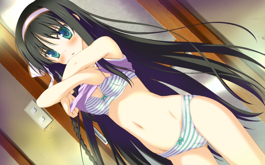 1girl aqua_eyes black_hair bow bra breasts cleavage clothes_lift eyebrows female_focus game_cg green_bow groin hair_ribbon hairband highres indoors irotoridori_no_sekai kisaragi_mio_(irotoridori_no_sekai) long_hair looking_at_viewer navel panties ribbon shida_kazuhiro shirt_lift small_breasts solo striped_bra striped_clothes striped_panties underwear undressing white_hairband