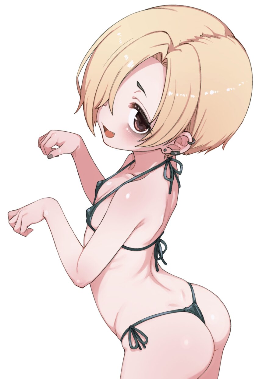 1girl absurdres ass bags_under_eyes bikini black_bikini blonde_hair blush brown_eyes ear_piercing fang flat_chest hair_over_one_eye halterneck highres idolmaster idolmaster_cinderella_girls komodj loli looking_at_viewer micro_bikini open_mouth piercing shirasaka_koume short_hair side-tie_bikini_bottom smile swimsuit