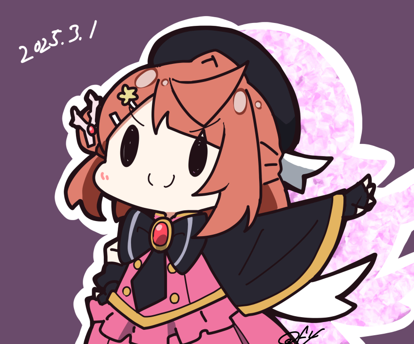 &gt;:) 1girl absurdres black_bow black_bowtie black_capelet black_gloves black_necktie blunt_bangs bow bowtie bun_with_braided_base c: capelet chibi chibi_only closed_mouth coral_hair_ornament dated fingerless_gloves frilled_shirt frills gloves hair_bun hair_ornament hairclip half_updo hand_on_own_hip highres love_live! love_live!_nijigasaki_high_school_idol_club love_live!_nijigasaki_high_school_idol_club_the_movie_-_finale medium_hair necktie official_alternate_costume oofushi_ao orange_hair outline pink_shirt pink_skirt shirt side_cape single_side_bun skirt skirt_set smile solid_oval_eyes solo split_mouth stellar_stream_(love_live!) swept_bangs uehara_ayumu upper_body v-shaped_eyebrows white_outline