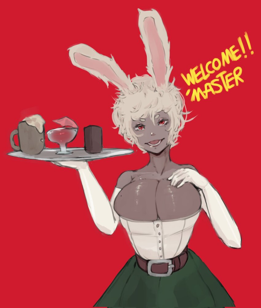 1girl animal_ears barmaid breasts brown_background cleavage commentary corrupted_twitter_file cowboy_shot cup dark-skinned_female dark_skin drinking_glass elbow_gloves english_commentary english_text gloves green_skirt highres large_breasts looking_at_viewer messy_hair mole mole_on_breast off-shoulder_shirt off_shoulder open_mouth original rabbit_ears rabbit_girl red_background red_eyes shirt short_bangs short_hair simple_background skirt smile solo thick_eyebrows tray weeze white_gloves white_hair white_shirt
