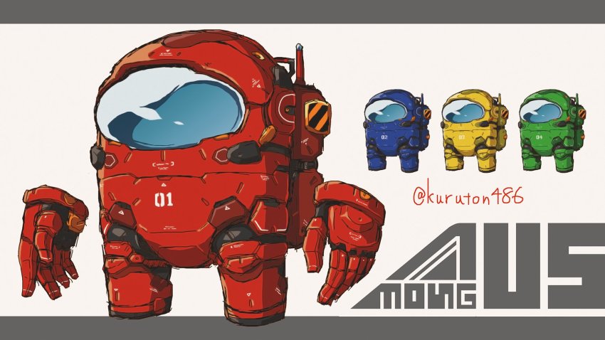 among_us blue_(among_us) copyright_name crewmate_(among_us) disembodied_hand green_(among_us) grey_background highres kuruton486 letterboxed mecha mechanization open_hands red_(among_us) robot science_fiction standing variations yellow_(among_us)
