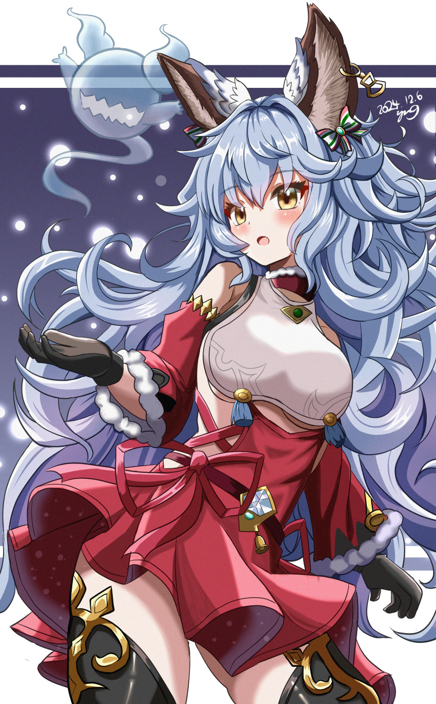 1girl absurdres animal_ears black_gloves blue_hair breasts christmas detached_sleeves earrings erune ferry_(granblue_fantasy) gloves granblue_fantasy highres hoop_earrings jewelry long_hair nicola_(granblue_fantasy) rabbit_ears single_earring small_breasts snow thighhighs wavy_hair yanapy yellow_eyes