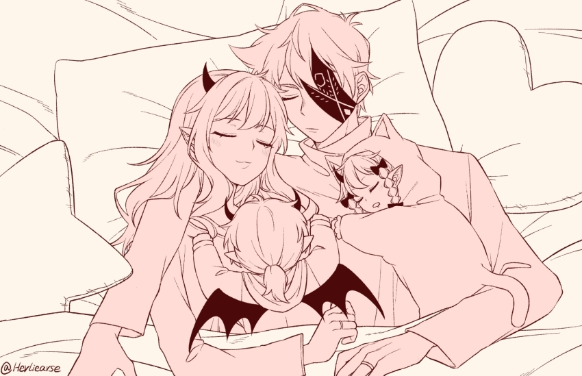 2boys 2girls :3 aged_down animal_hood arm_around_shoulder artist_name braid brother_and_sister cat_hood closed_eyes closed_mouth commentary_request demon_wings eyepatch father_and_daughter father_and_son friday_night_funkin&#039; head_on_pillow heart heart-shaped_pillow herliearse highres hood hood_up horns humanization husband_and_wife jewelry limited_palette long_hair long_sleeves mother_and_daughter mother_and_son multiple_boys multiple_girls onesie pillow pointy_ears ponytail rasazy_(friday_night_funkin&#039;) ring ruvyzvat_(friday_night_funkin&#039;) sarvente_(friday_night_funkin&#039;) selever_(friday_night_funkin&#039;) shirt short_hair siblings sidelocks simple_background single_horn star-shaped_pillow sweater turtleneck turtleneck_sweater twin_braids u_u under_covers wedding_ring wings