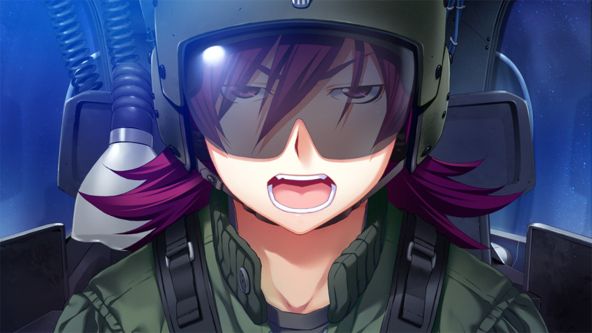 1girl cockpit flight_suit fumio_(ura_fmo) game_cg green_helmet green_jumpsuit grisaia_(series) grisaia_no_rakuen hair_between_eyes helmet jumpsuit large_variant_set looking_at_viewer medium_hair milliela_stanfield night non-web_source official_art open_mouth pilot_helmet portrait purple_eyes purple_hair solo star_(sky) v-shaped_eyebrows variant_set